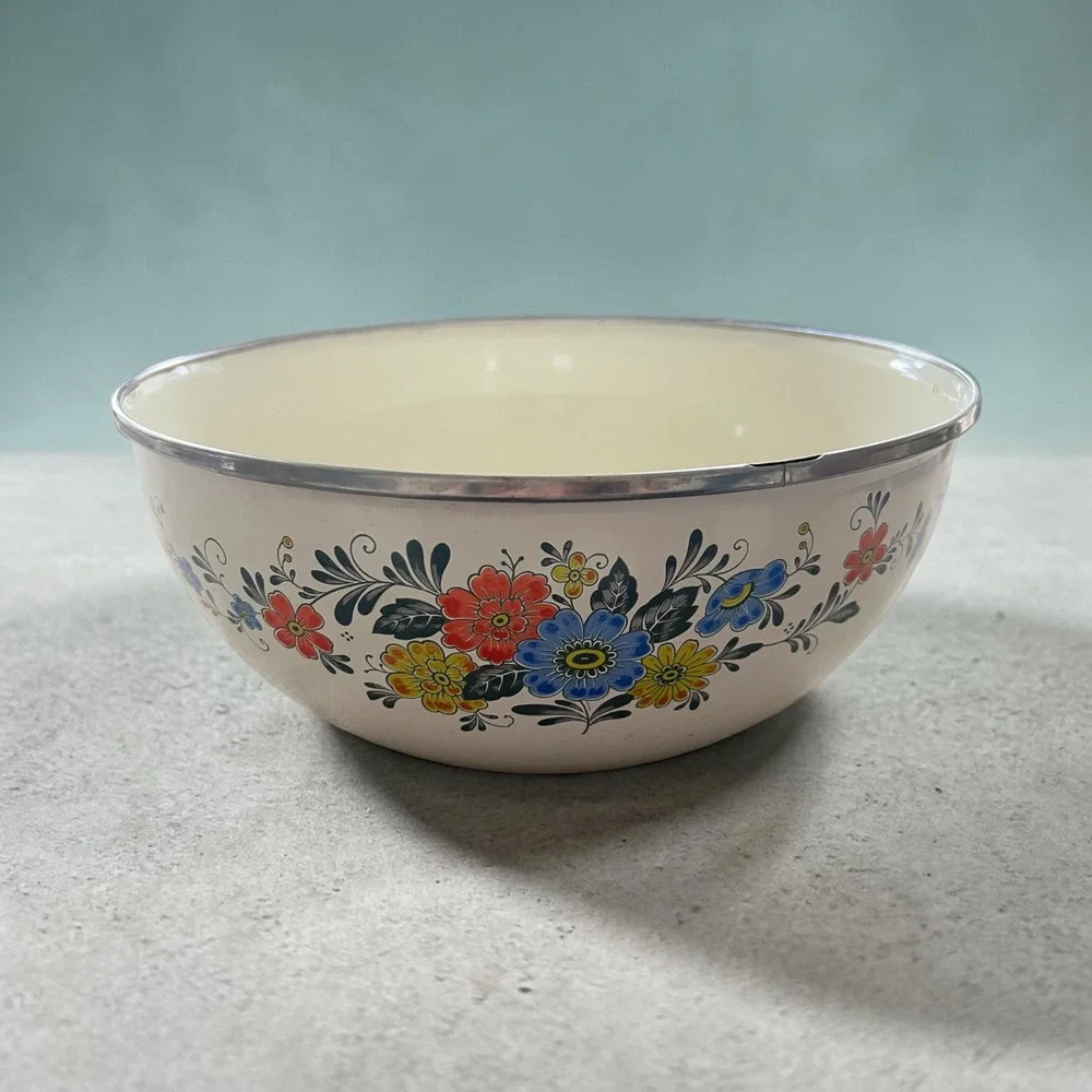 Vintage Kobe Kitchen Enamel Floral Mixing Bowl Made in‎ Japan 10.5